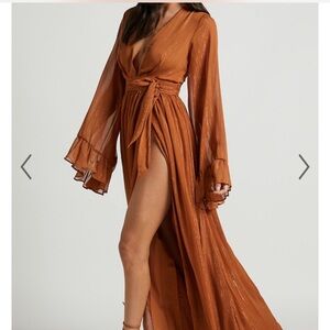 Showpo DANGEROUS WOMAN MAXI DRESS - PLUNGE THIGH SPLIT DRESS IN RUST